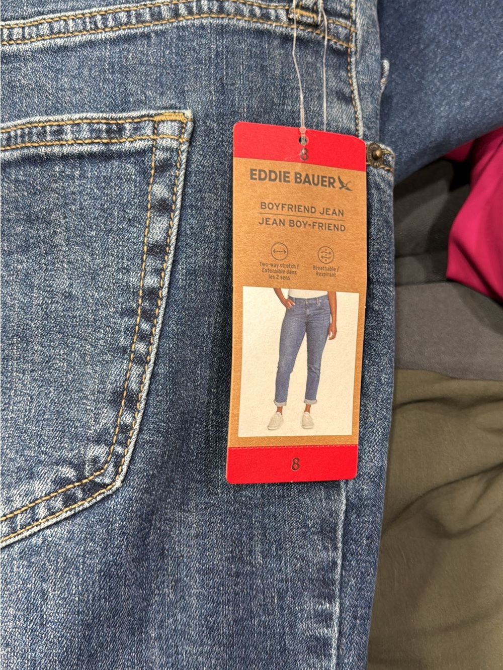 Eddie Bauer Boyfriend Jeans in Medium Blue Denim with Red Tag